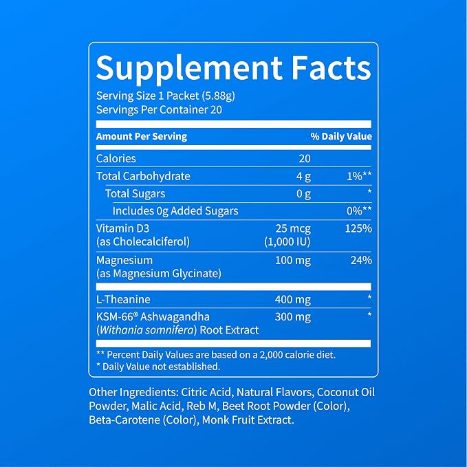 Nello Supercalm Powdered Drink Mix, Cortisol Reducer and Sleep Aid Supplement, L Theanine, Ksm-66 Ashwagandha, Magnesium Glycinate, Vitamin D 3, No Sugar, Non GMO, On The Go, 20 Ct, Rainbow Sherbet