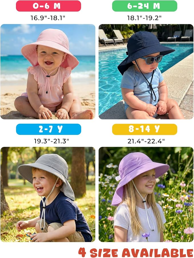 Toddler Baby Sun Hat Kids Summer Beach Essentials Adjustable Beach Hats with Bucket Wide Brim for Boys Girls Age 0-14 Years