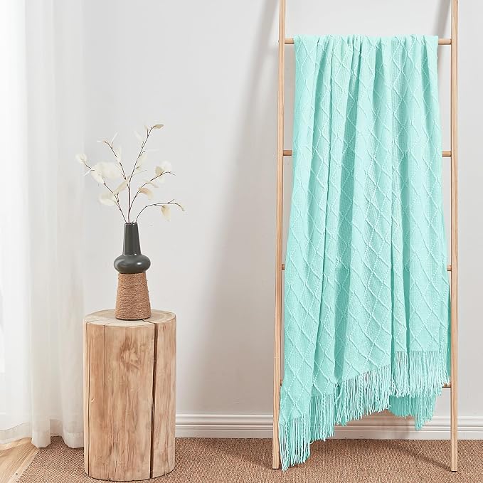 inhand Mint Green Knitted Throw Blanket for Couch and Bed, 50"x60" | Soft Living Room Home Decor Knitted Blanket with Tassel, Outdoor Lightweight Breathable , Farmhouse Warm Woven Decorative