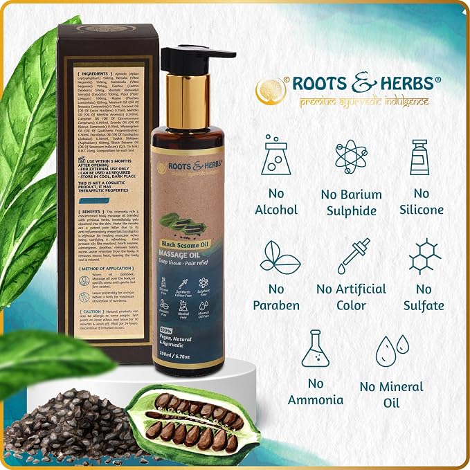 Black Sesame Seed Oil - Body Massage Oil Warmer with Cold-Pressed Black Seed Oil, Ayurvedic Herbs - Body Massage Oil for Massage Therapy - Roots and Herbs, 6.76 oz