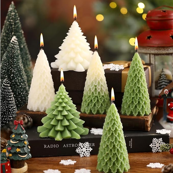 Conelist 6 Pcs Christmas Tree Candles Christmas Tree Shaped Taper Candles Decorative Xmas Wax Scented Candlesticks for Xmas Eve Winter Holiday Home Table Decoration Gift(White, Green,Assorted Style)