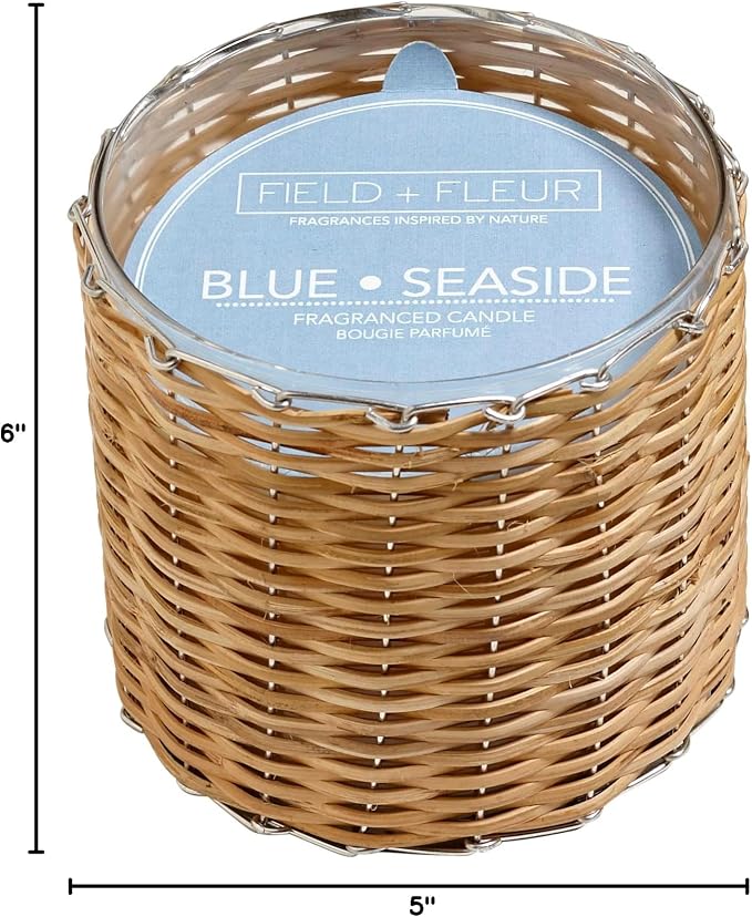 Blue Seaside Scented Candle – 12oz Luxury Soy Wax, 2-Wick in Handwoven Glass Jar, with Citrus, Coconut, Amber, Musk & Sandalwood. 75+ Hour Clean Burn, Made in USA
