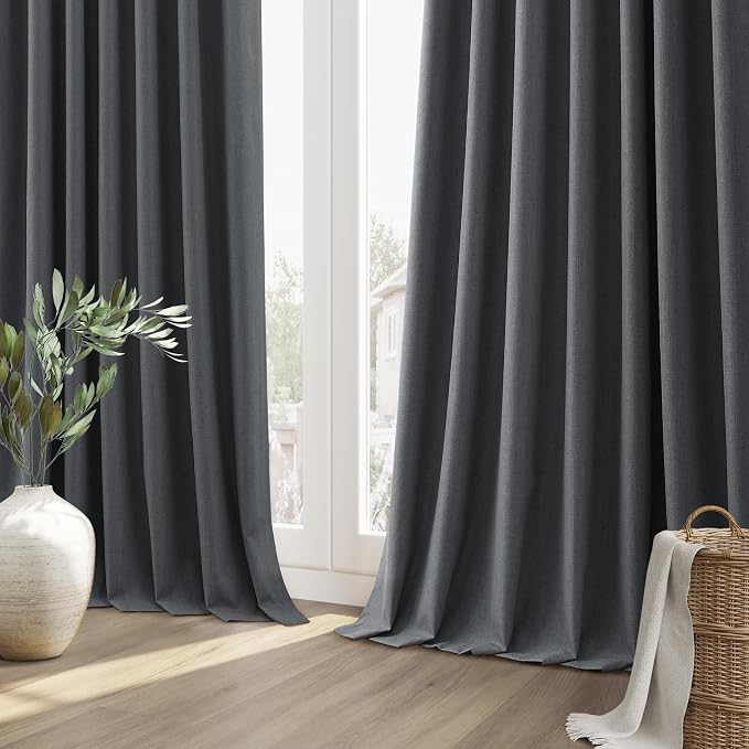 Guken 100% Blackout Curtains 108 Inch Length 2 Panels Set for Living Room Bedroom Back Tab Thermal Insulated Black Out Linen Drapes Room Darkening Blazer Grey,52x108
