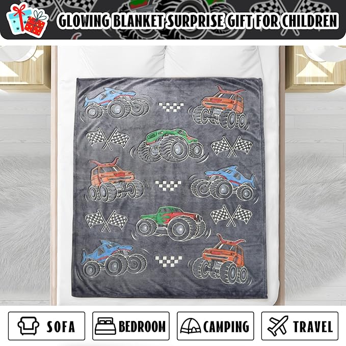 ORDM Glow in The Dark Blanket for Boys Truck Throw Blanket Car Toys Unique Gifts for Kids Glowing Cartoon Tractor Blankets Excavators Room Decor Blankets 60"×80"
