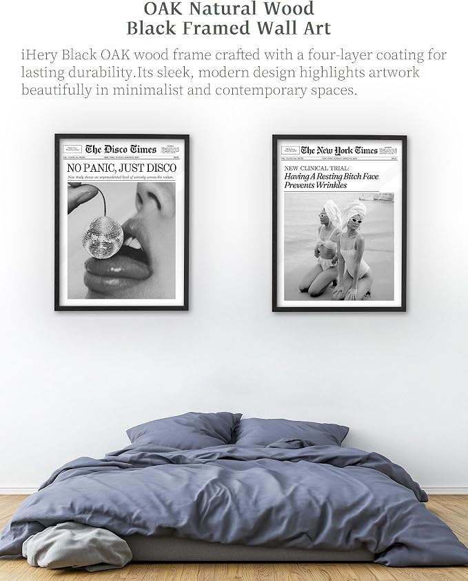 iHery 12x16in Funny Beach Girls Black Framed Newspaper Wall Art | Premium Black Natural OAK Wood Frame with Canvas Print, Retro Magazine Decor for Bathroom Bedroom Dorm, Living Room 1Pack