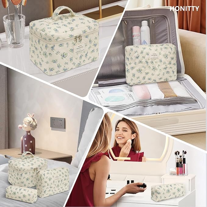 honitty Makeup Bag,Quilted Cosmetic Bags,Large Floral Make Up Organize bag,Makeup Bag Set for Women,Flower Travel Toiletry Bag