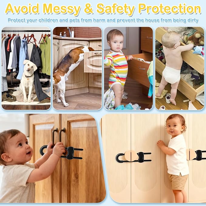 10 Pcs Sliding Cabinet Latches, U Shaped Cabinet Door Locks, Baby Cabinet Safety Latches for Baby Proofing, No Drilling Tool-Free Installation Easy to Use for Knobs or Handle Double Door (Black)