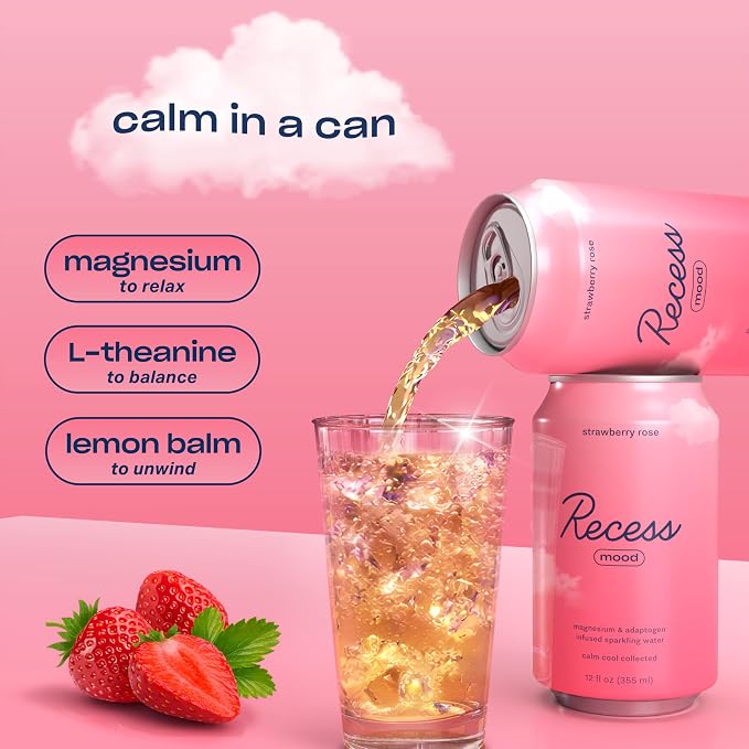 Recess Mood Magnesium & Adaptogen Drink, Relaxation Beverage, 12 ounce (Strawberry Rose, 12 pack)