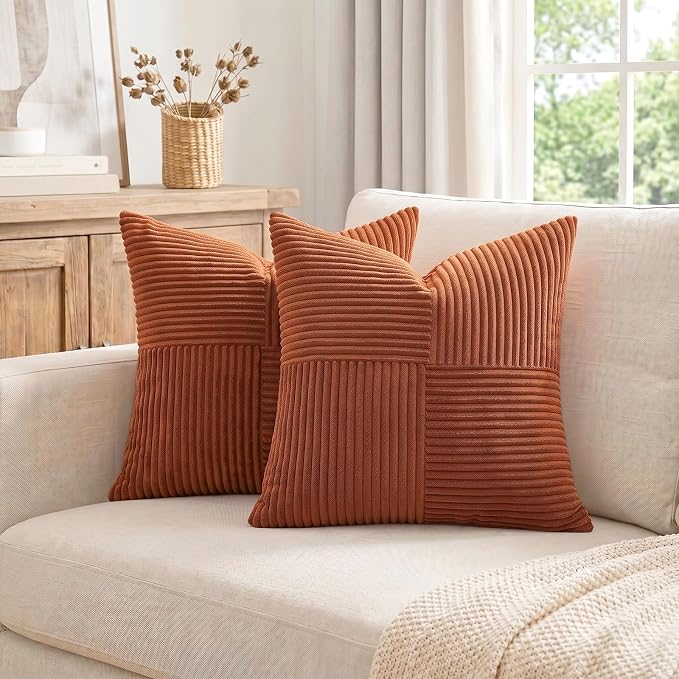 Fancy Homi 2 Packs Rust Euro Decorative Throw Pillow Covers 26x26 Inch for Bedroom Bed, Farmhouse Boho Home Decor, Soft Corss Corduroy Patchwork Textured Square Terracotta Cushion Case 66x66 cm
