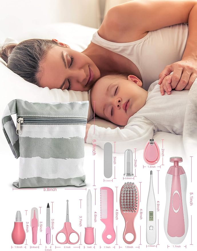 Baby Healthcare and Grooming Kit, 24 in 1 Baby Electric Nail Trimmer Set Newborn Nursery Health Care Set for Newborn Infant Toddlers Baby Boys Girls Kids Haircut Tools (0-3 Years+) (Pink)