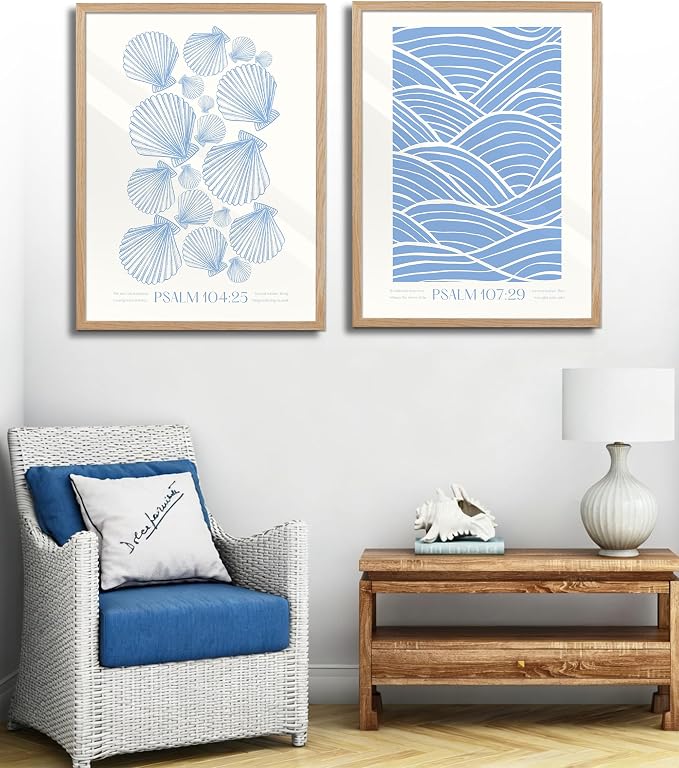 EcoHest 18x24 in Psalm 104:25 Coastal Seashell Framed Christian Wall Art | Solid Oak Wood Frame with Canvas Wall Art, Scripture Bible Verse Decor for Bedroom, Living Room, Office, Church, 1Pack