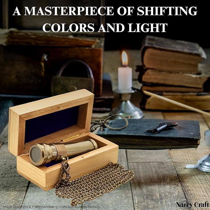 Brass Kaleidoscope with Wooden Box | Handcrafted Vintage Kaleidoscope with Optical Glass Lens & Wooden Storage Box โ Collectible Gift for Kids & Adults Last-Minute (Silver/Brass, Small)