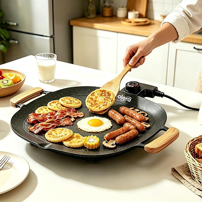 Smokeless Electric BBQ Grill, Wood Handles, Adjustable Temp | Electric nonstick griddle, 5 temperature settings, for steak, pancakes, fried eggs, low-fat meals, easy clean.