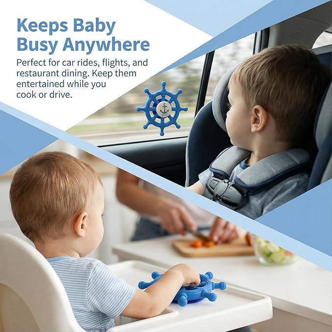 Baby Suction Spinner Toys for Bathtub, Silicone Toddler Bath & High Chair Toys for 1 Year Old Boy/Girl Birthday Gift, Interactive Ship Steering Wheel InfantToy for Car Window Travel