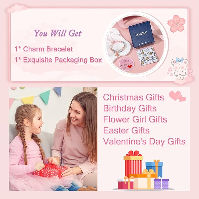 MONOOC Valentines Gifts for Kids Girls - Initial Flower Charm Bracelets for Girls, Adjustable Pearl and Rhinestone Beaded Bracelet Heart Initial Bracelets Jewelry for Flower Girl Gift Birthday Gifts