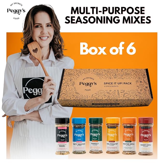 My Secrets Peggy’s Food Spice It Up Pack - Set of 6 Gourmet Seasoning Blends - Ultimate Variety Gift Box for Grilling, Roasting & Baking - Premium Spice Sampler Kit for Meats, Veggies & Soups