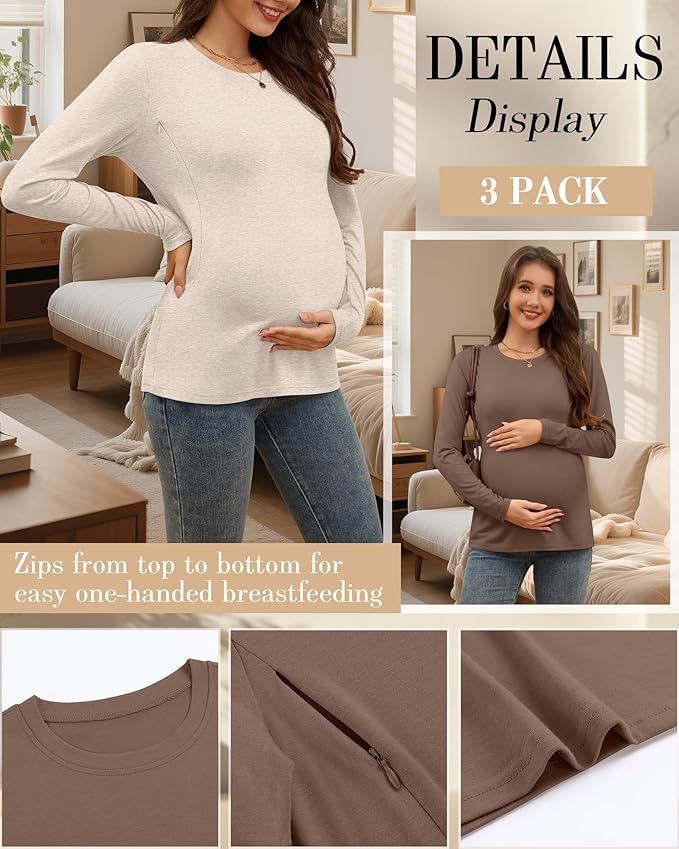 3 Pack Nursing Tops for Breastfeeding Maternity Shirts Zipper Long Sleeve Round Neck Knit Casual Nursing Clothes