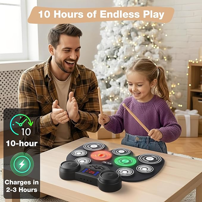 Electric Drum Set with 7 Colorful LED Light Patterns, Better Rebound Feel Electronic Drum Kit Featuring Bluetooth MIDI, 9 Drum Pads, and Dual Speakers, Christmas Birthday Gift for Kids Adult