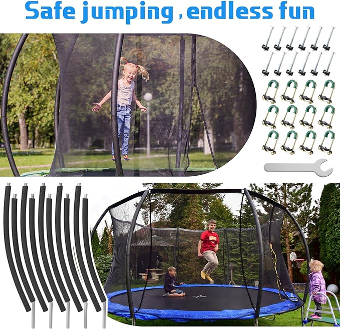 Trampoline Poles Replacement, Fit for 8-16ft Frame, Universal Curved Enclosure Net Pole, Includes Mounting Hardware & Foam Cover, 2 Installation Options