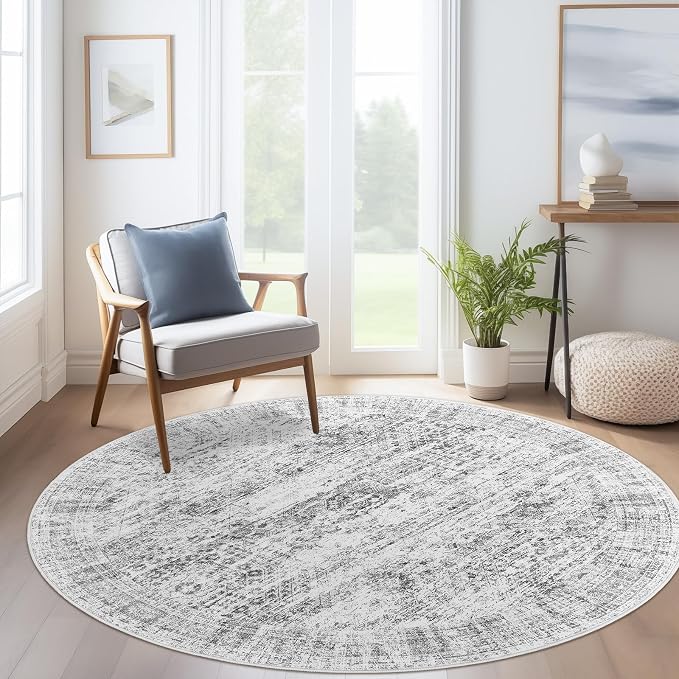 Soalmost 6x6 Grey Round Rug 6ft Circle Living Room Area Rugs Non-Slip | Washable Vintage Indoor Carpet for Dining Bedroom, Low Pile Stain Resistant Foldable Floor Mat Entryway Home Office Decor