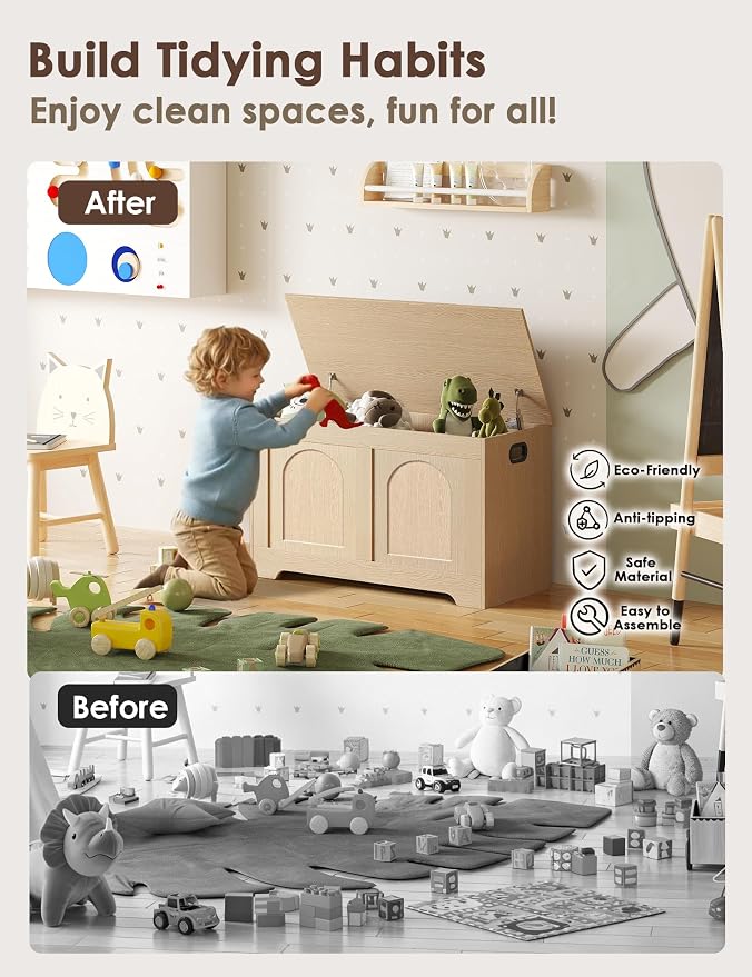 Storage Chest, Wooden Toy Box, Natural 31.5" L | Entryway Shoe Bench, 2 Soft-close Hinges, Finger-safe Flip-Top Lid, Easy Assembly, Farmhouse Large Trunk, Living Room/Bedroom