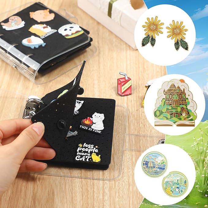 8 Pcs Mini Enamel Pin Display Book Gift Clear Collection Travel Trading Binder Holder Badge Book Storage Organizer up to 36 1-inch Enamel Pins for Travel Collectors (Black,4.61x3.94 in)
