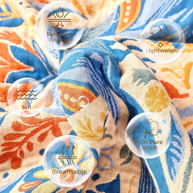 LUTBM Boho Throw Blanket for Bed 60"x80", All Season Cotton Couch Blankets | Reversible Floral Bird Jacquard, Muslin Gauze Twin Quilt, Lightweight & Breathable, For Chair Sofa Bedroom Living Room Decor