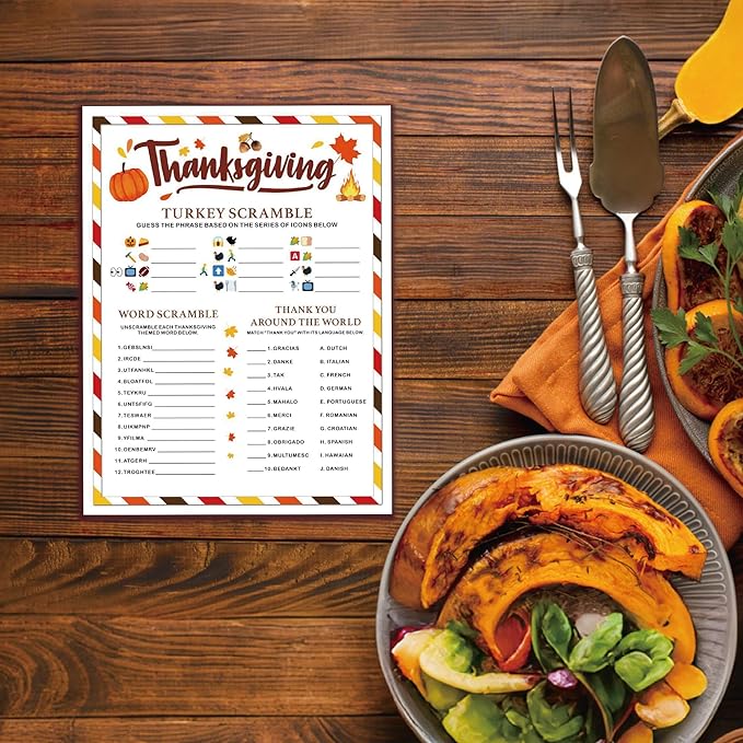 Thanksgiving Party Games Cards - Turkey Scramble Word Scramble Thank You Around The World - 3-in-1 Game Cards with Answer Card for 30 Guests, Turkey Dinner Party Activity for Teens Adults
