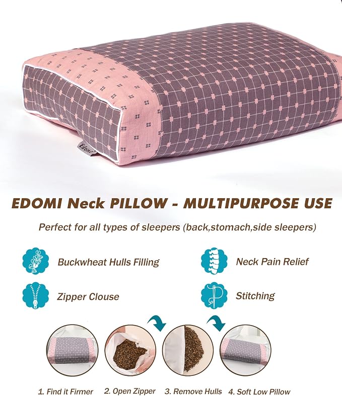 Upgraded Buckwheat Neck Pillows, Buckwheat Hull Pillow for Pain Relief, Pillow Cube for Sleeping with Zipper Washable Cotton Cover, Neck Support Meditation Cushion (18x10 Inch, Grey&Pink)