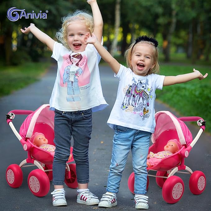 ANNIVIA Baby Doll Stroller - Metal Fold Up and Down Pram Carriage for Dolls