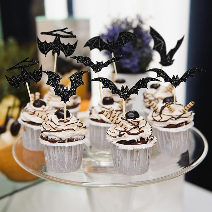 Gyufise 24Pcs Halloween Bat Cupcake Toppers Black Glitter Bat Halloween Cupcake Picks for Horror Theme Baby Shower Kids Birthday Party Cake Decorations Supplies