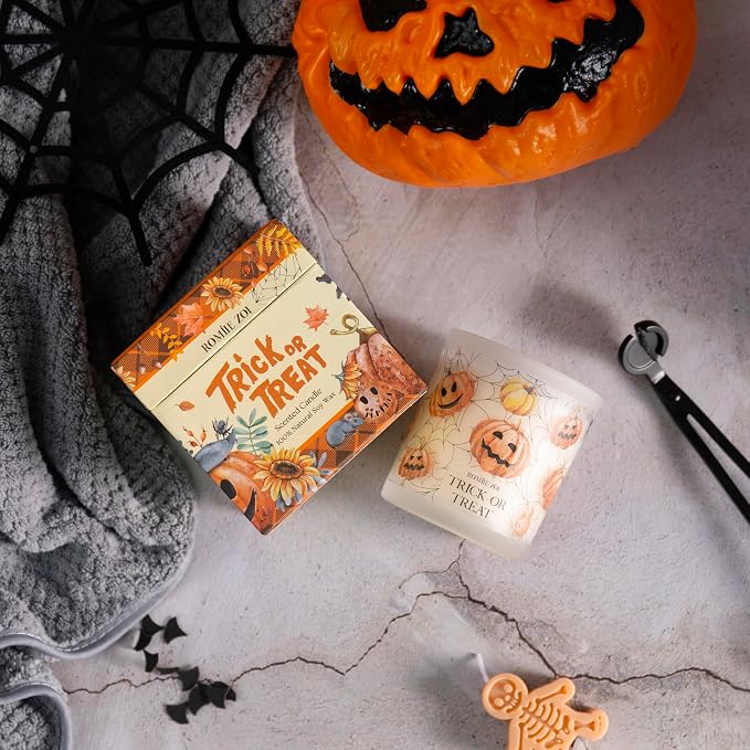 ROMIIE ZOI Scented Fall Candle - Halloween Trick or Treat - 6oz Soy Wax Candle for Autumn, Gift for Her/Him