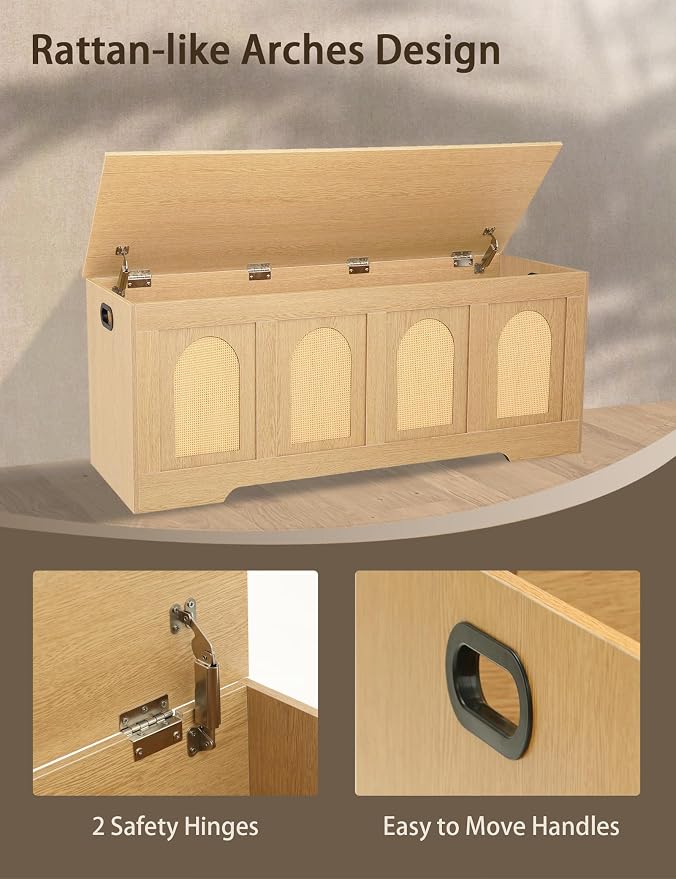 Storage Chest, Wooden Toy Box, Natural Oak 47.2" L | Entryway Shoe Bench, 2 Safety Hinges, Finger-safe Flip-Top, Easy Assembly, Farmhouse Large Trunk, Rattan, Living Room/Bedroom