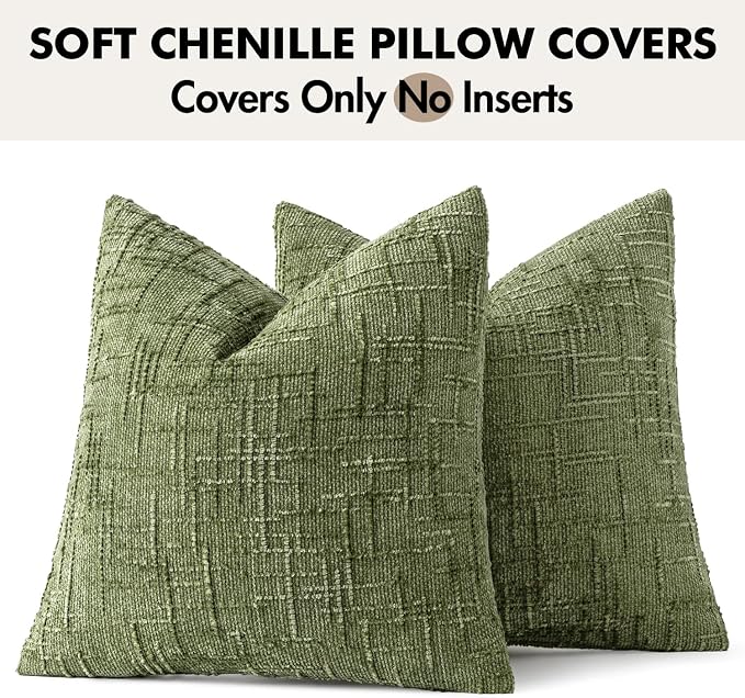 MIULEE Chenille Textured Throw Pillow Covers Sage Green 18x18 Set of 2 | Slubby Decorative Pillows, Boho Farmhouse Home Decor, Modern Neutral Cushion Covers for Couch Sofa Bed Living Room