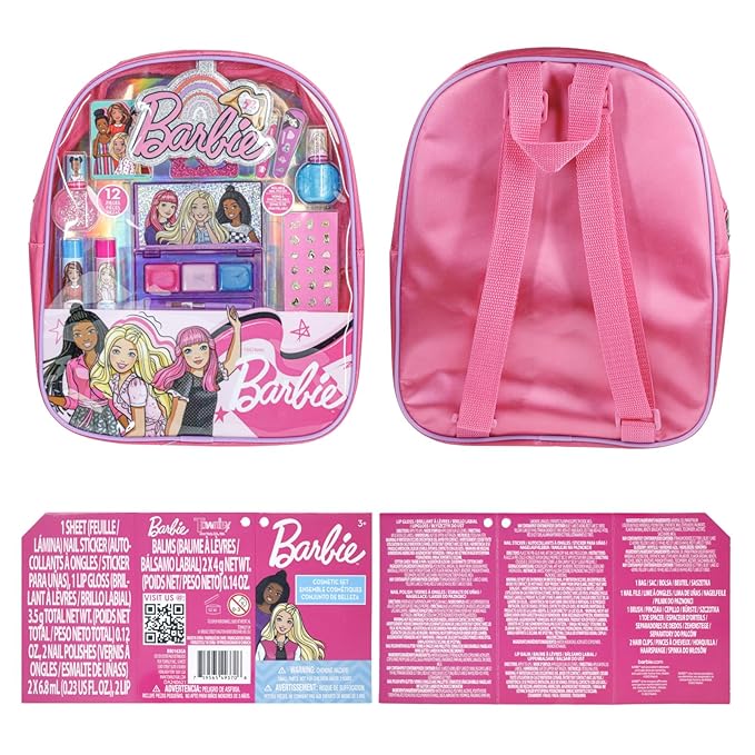 Barbie Makeup Filled Backpack Set, Including Lip Balm, Nail Polish, Nail File, Hair Bows Ages 3+ for Parties, Sleepovers Makeovers, by Townley Girl
