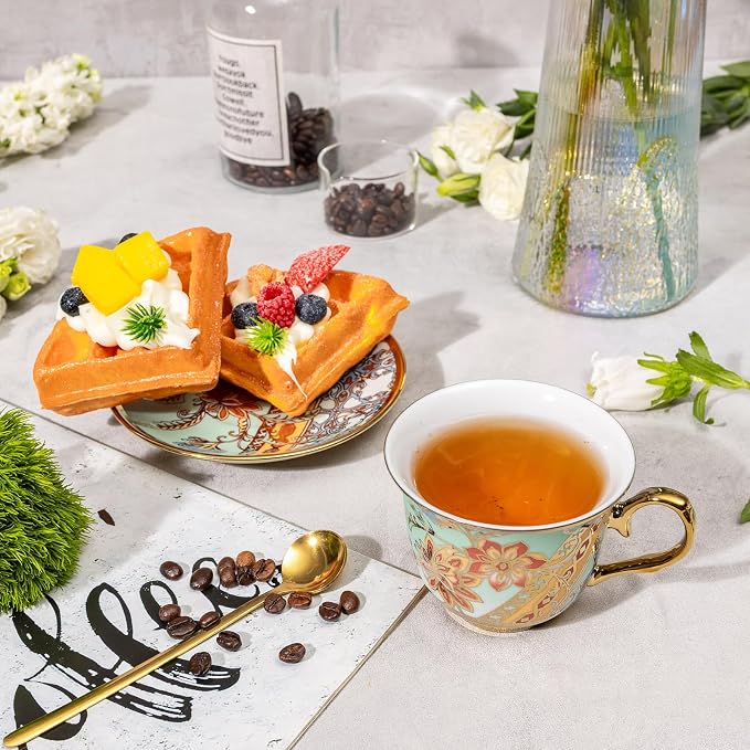 Tea Cups and Saucers Set of 8, 8 OZ Floral Tea Cup with Saucer, Vintage Tea Cups Porcelain Tea Set with Spoon for Latte , Mocha , Afternoon Tea Birthday Party Supply Thanksgiving Day Halloween gifts