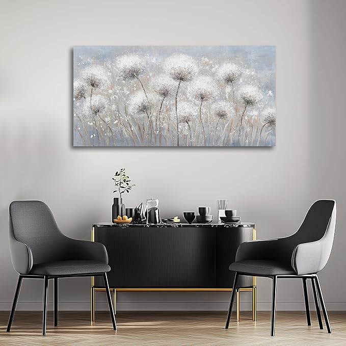 Belmrxne Dandelion Floral Wall Art White and Black Wall Decor Modern Artwork Above Couch Canvas Painting for Living Room Bedroom Dining Room Office Home Decor 24x48 inch