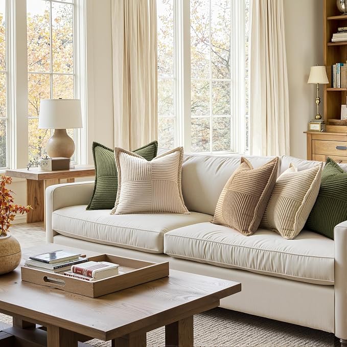 MIULEE Decorative Euro Sham Throw Pillow Covers 24x24 Inch Beige 2 Pack | Boho Broadside Striped Patchwork Pillow Covers, Soft Corduroy Cushion Cases, For Bed Couch Sofa Livingroom Home Decor