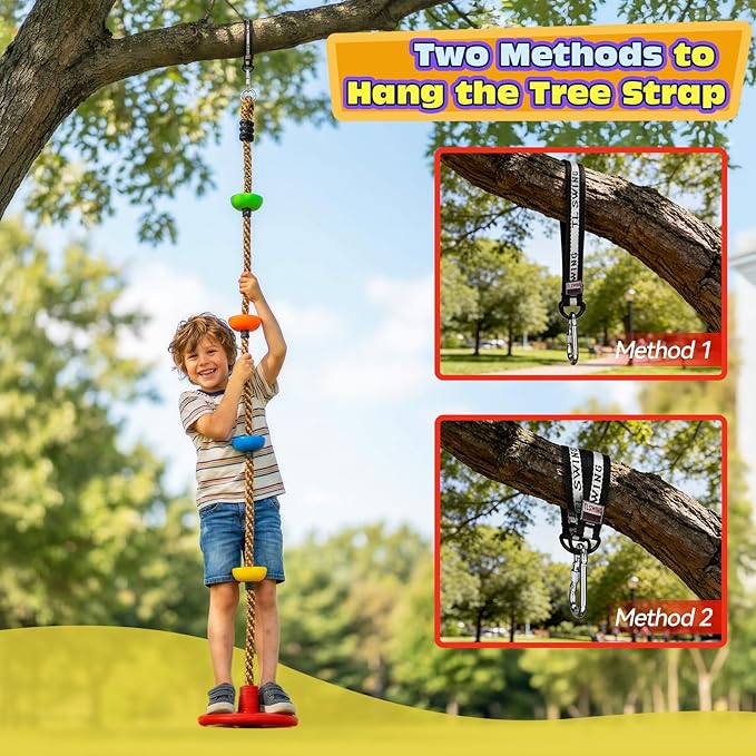 HeyZoo Tree Swing for Kids 330LB Capacity, Climbing Rope with Platforms and Disc Swing Seat Set Outdoor Backyard Playground Accessories with Carabiners and Thickened Strap, Red