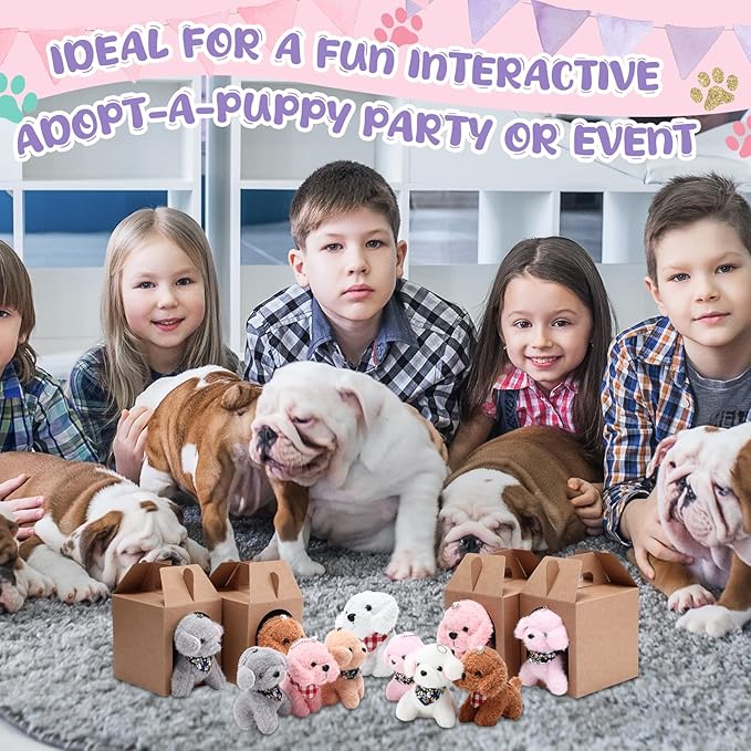 84 Pcs Adopt a Pet Party Favors 24 Mini Plush Stuffed Animals 10 White Plastic Fence 24 Paper Gift Boxes 24 Adoption Cards with Mini Chalkboard and Artificial Lawn(Dog)