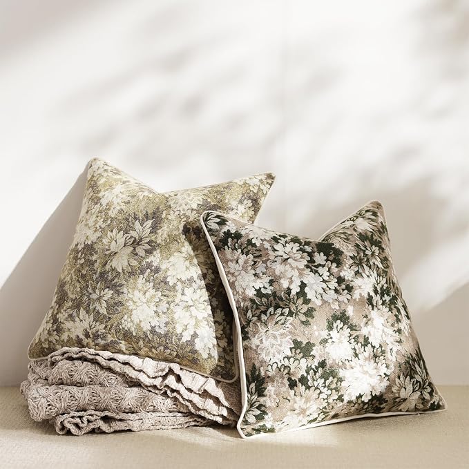 Pack of 2 Vintage Floral Throw Pillow Covers 20x20 Boho Farmhouse Accents Chenille Square Decorative Pillow Cases for Living Room Couch Bed Home Decor, Green and Taupe