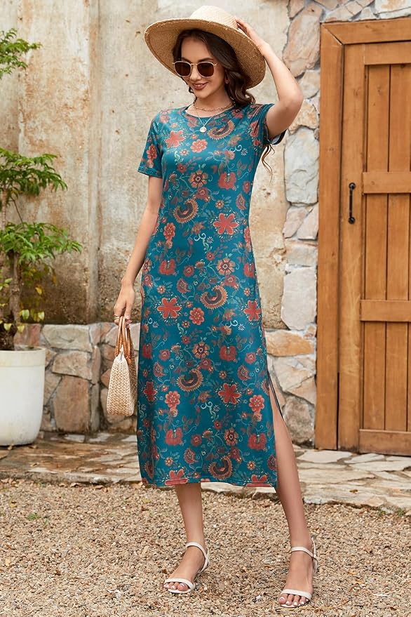 Naggoo Women's Casual T Shirt Midi Dress with Side Slit and Pockets