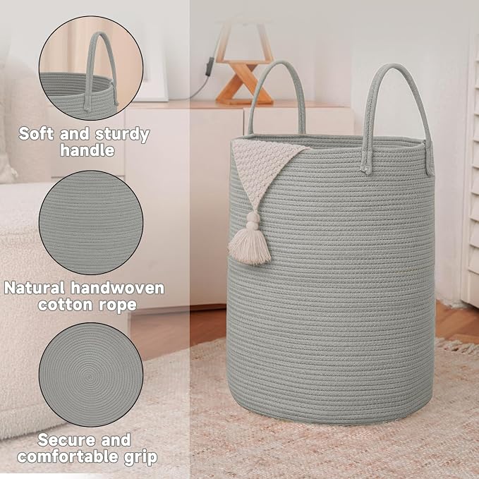 JMvicyroam 100L Cotton Rope Laundry Basket Hamper, Grey | Collapsible laundry basket, reinforced handles, freestanding, machine washable, holds 3-5 thick blankets, clothes or toys