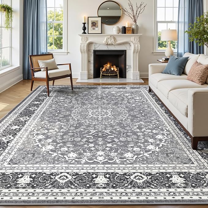 8x10 Area Rugs for Living Room, Washable Non-Slip Rug, Oriental Light Grey | Area Rugs for Bedroom, Low Pile Large Area Rug for Kitchen, Dining Room, Home Office, Vintage Oriental Print Rug