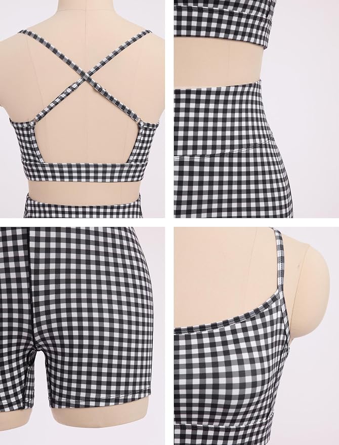 ABOCIW Workout Sets for Women 2 Piece Color Block Strappy Sports Bra High Waist Shorts Gym Yoga Pilates Outfits
