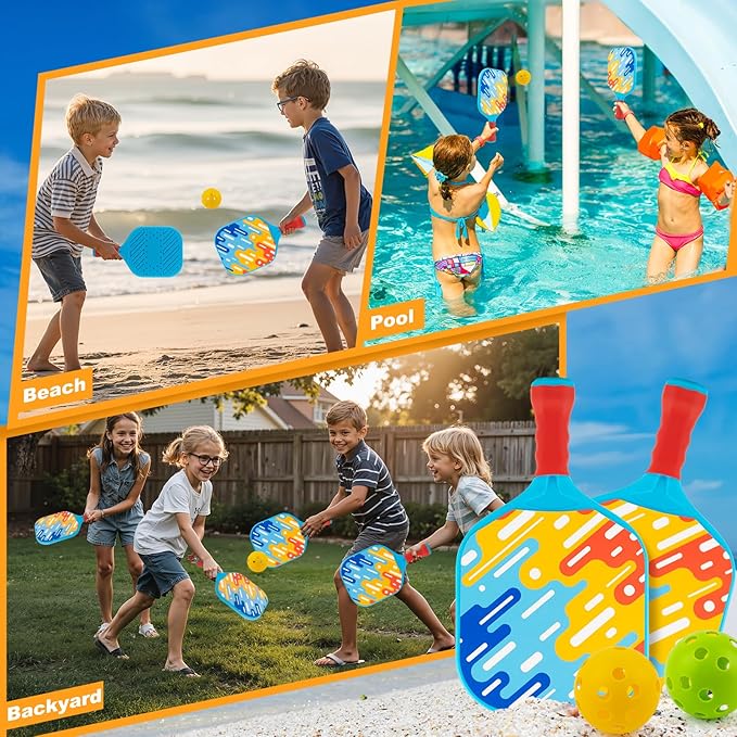 Kids Pickleball Paddles Outdoor Toys for Kid Ages 4 5 6 7 8 Year Old Boy Girl Stocking Stuffers, Beginner Easy to Use Yard Ball Games Set of 2, Lightweight Grip for Small Hands