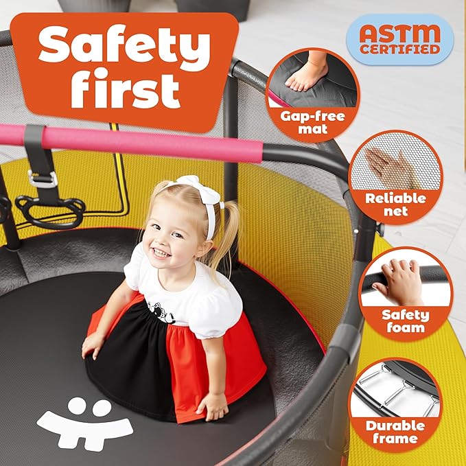 Happin® 55†Toddler Trampoline Indoor & Outdoor Playset, 5FT Kids Trampoline, Ultra Safe Mini Trampoline for Kids with Safety Enclosure Net, Gifts for Birthday with Basketball Hoop