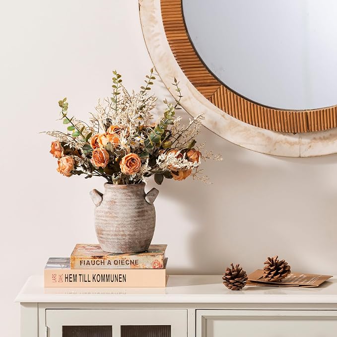 Vanselia Ceramic Flower Vase Home Decor - Farmhouse Table Vases with Handle Living Room Decoration Vintage Decorative Aesthetic for Shelf Coffee Dining Desk House Bookshelf Fireplace (6" Rustic)