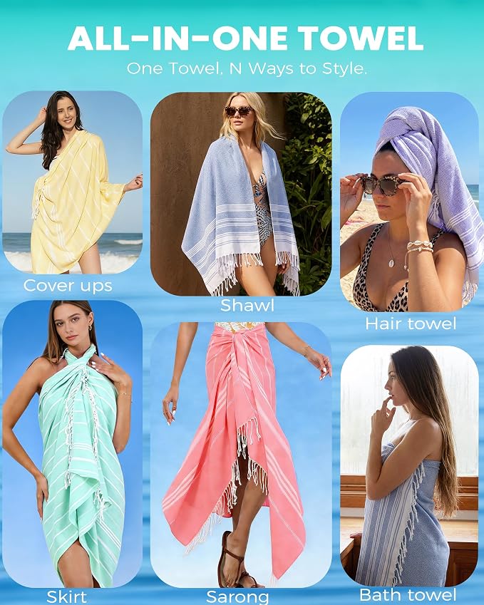 2 Pack Antfuny Turkish Beach Towel Vacation Essentials Quick Dry Sand Free Soft Absorbent Adult Oversized Bath Pool Swim Long Wide Stripe Towel Sound Cloud Linen Mat Summer Thing Lightweight Thin Blue