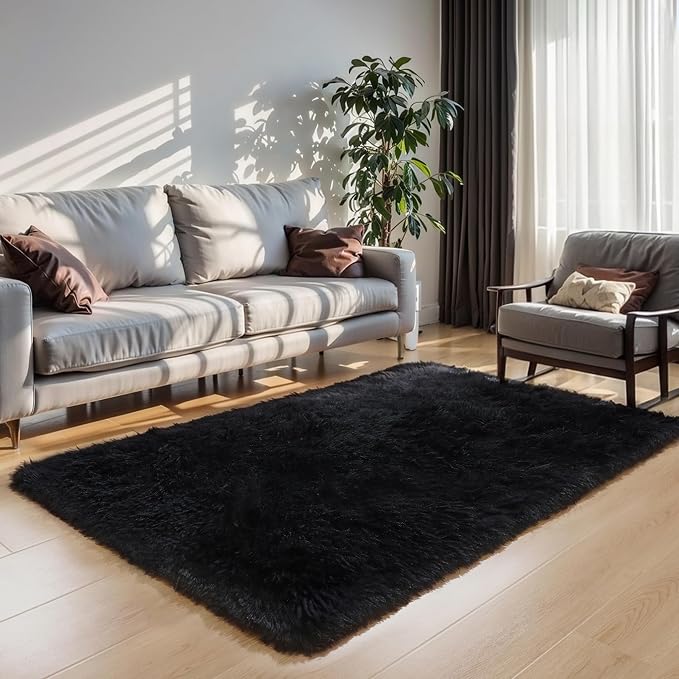 4x6 Black Fluffy Shag Rug for Bedroom, Plush Washable Carpet | Area Rug for Living Room, Kids Nursery, Boys Girls Dorm Room, Non Slip Shaggy Floor Carpet